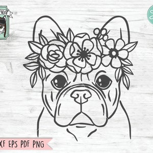 Dog SVG, Dog with Flower Crown SVG, Dog cut file, French Bulldog svg, Frenchie svg, Animal Floral Crown, Dog with Flowers on Head, Cute Dog