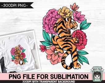 Tiger SUBLIMATION design PNG, Floral Tiger png file, Tiger Tattoo sublimation designs, Flower Tiger illustration, download, Tiger Shirt png
