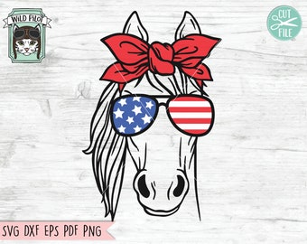 July 4th Horse SVG,  Fourth of July Horse svg file, Horse Glasses svg, Horse cut file, Horse Bandana svg, July 4th Animals svg, America USA