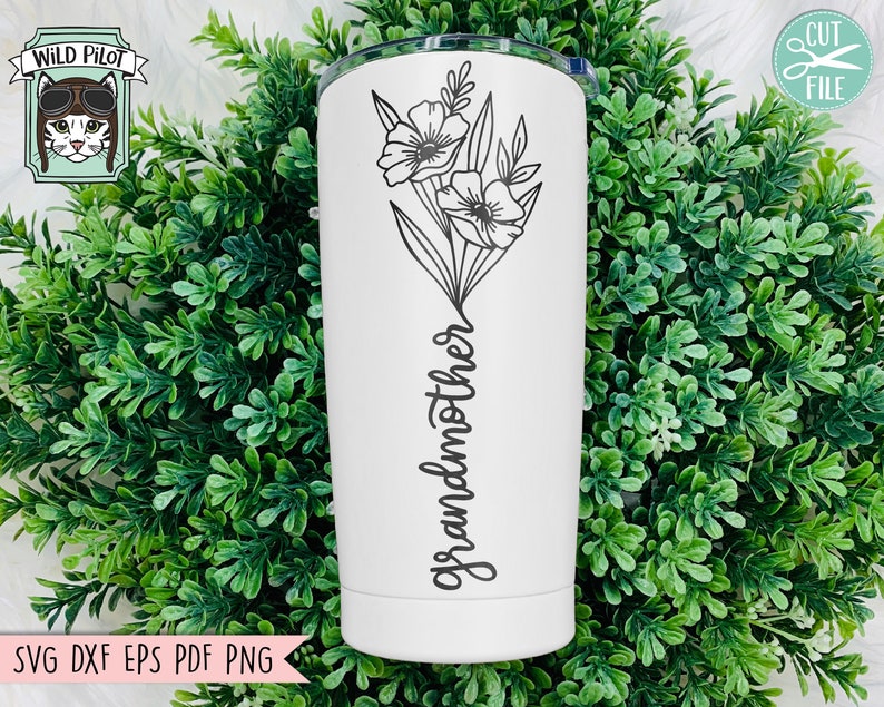 May include: White stainless steel tumbler with a black floral design and the word "grandmother" written vertically down the side.