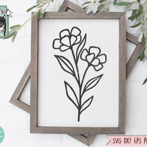 May include: Black and white line art illustration of two stylized flowers with stems and leaves. The image is on a white background and is framed in a light brown frame.