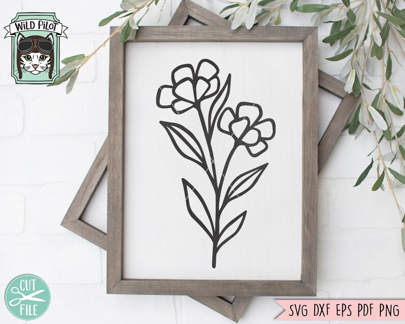 May include: Black and white line art illustration of two stylized flowers with stems and leaves. The image is on a white background and is framed in a light brown frame.