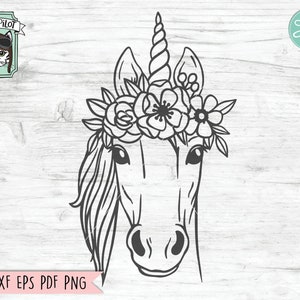 ユニコーン SVG ファイル、花冠付きユニコーン SVG、ユニコーン カット ファイル、動物の顔、花冠、頭に花をつけたユニコーン、かわいいユニコーン