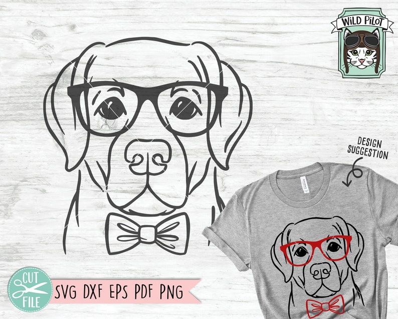 May include: Black and white line art illustration of a dog wearing glasses and a bow tie. The dog is looking directly at the viewer. The image is on a white background. The text "Wild Pilot" is in a speech bubble above the dog. The text "Design Suggestion" is in a speech bubble below the dog.