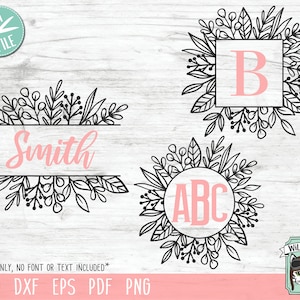 May include: A digital download of three floral monogram designs. The first design features a floral wreath with a single letter "B" in the center. The second design features a floral wreath with the letters "ABC" in the center. The third design features a floral wreath with a space for a name in the center. The text "Smith" is shown in the image as an example.