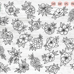 May include: A set of 25 black and white floral illustrations. The flowers are in various styles, including roses, daisies, and lilies. The illustrations are perfect for use in crafting, scrapbooking, or digital design.