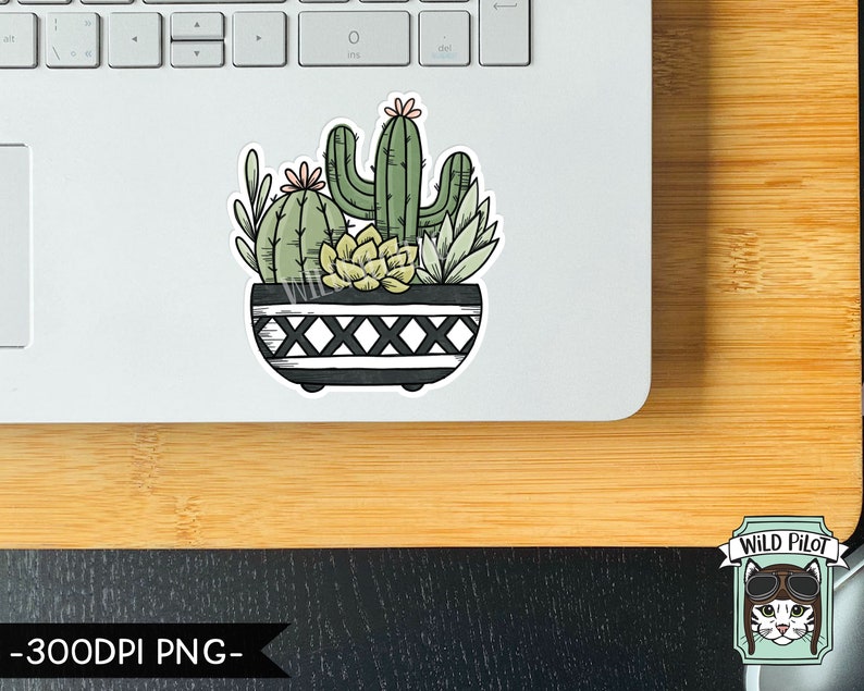 May include: A sticker featuring a black and white pot with a variety of succulents and cacti, including a tall cactus with a pink flower. The pot has a black and white geometric pattern with a repeating 'X' design. The sticker is on a laptop.