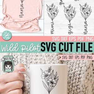 May include: A digital download of a floral bouquet with a name written in a cursive font. The names included are "nana", "mimi", "grandma", "grandmother", and "gigi".