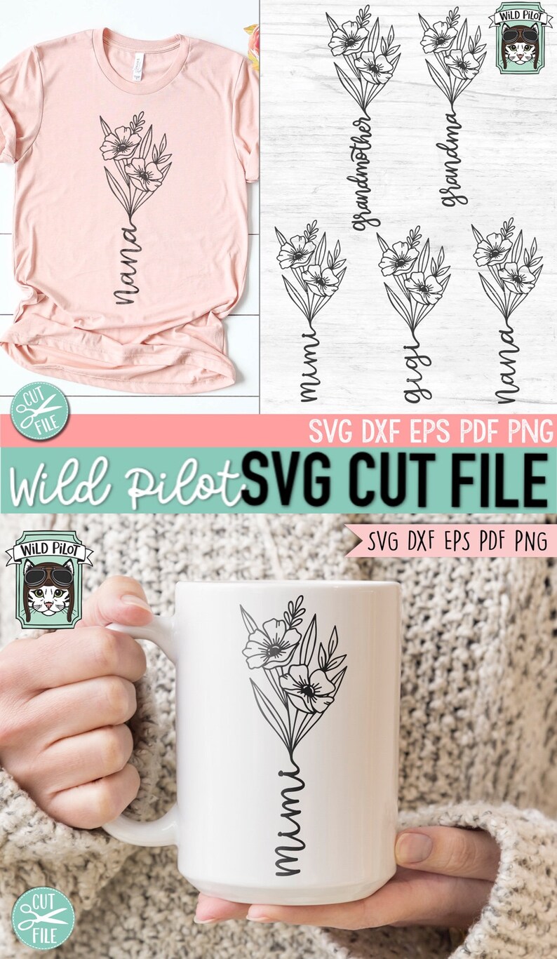 May include: A digital download of a floral bouquet with a name written in a cursive font. The names included are "nana", "mimi", "grandma", "grandmother", and "gigi".