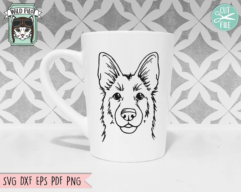 May include: A white ceramic mug with a black and white line drawing of a German Shepherd dog's head. The dog is looking directly at the viewer.