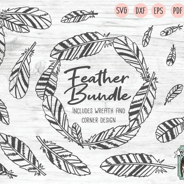 Feathers SVG file, Feather Wreath, Feather Cut File,  Feather Monogram Frame, Feather Frame, Border, Feather Bundle, Boho, Tribal Wild Free