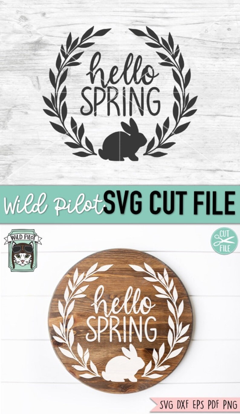 Op de afbeelding: Een digitaal snijbestand met een krans van bladeren met de tekst "hello spring" en een konijnen silhouet. Het ontwerp is weergegeven op een houten achtergrond.