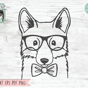 May include: Black and white line art illustration of a fox wearing glasses and a bow tie. The fox is looking directly at the viewer. The image is on a white woodgrain background.