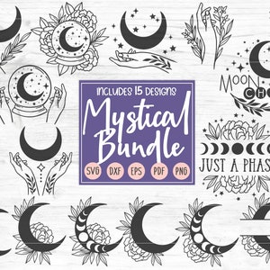 May include: A set of 15 mystical moon and crescent moon illustrations in black and white. The illustrations include a moon in a crystal ball, a moon with stars, a moon with flowers, a moon with hands, and a moon with the text "Just a Phase".