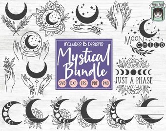 Mystical SVG file Bundle, Floral Moon svg, Moon Phases svg, Moon cut file, Crystal Ball, Witchy svg files, Just a Phase, Moon Child, Hands
