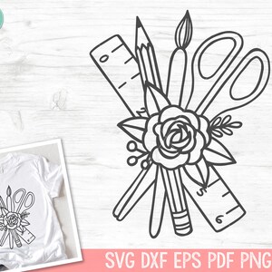 May include: Black and white line art illustration of a pencil, ruler, scissors, paintbrush, and a rose. The items are arranged in a bouquet shape.
