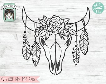 File SVG con teschio di mucca con fiori, file SVG con piume di teschio di mucca, file SVG con piume floreali di teschio di mucca, file di taglio floreale di teschio di mucca, teschio Boho, bufalo
