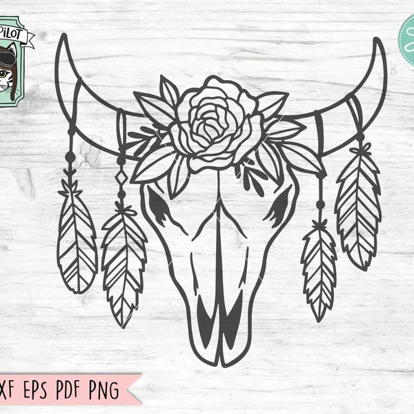 Cow Skull with Flowers SVG file, Cow Skull feathers svg file, Cow Skull Floral feathers svg, Cow Skull Floral cut file, Boho skull, buffalo