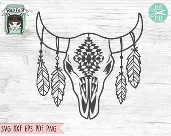 Teschio di mucca con piume SVG, file svg teschio di mucca, medaglione con teschio di mucca con piume, svg sud-ovest, svg boho, piume, teschio, teschio longhorn svg