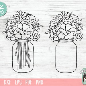May include: Two mason jars with floral arrangements, outlined in black. One jar contains stems, the other is empty. The image includes the text "CUT FILE" and file type abbreviations: SVG, DXF, EPS, PDF, and PNG. A Wild Pilot logo is in the bottom right.
