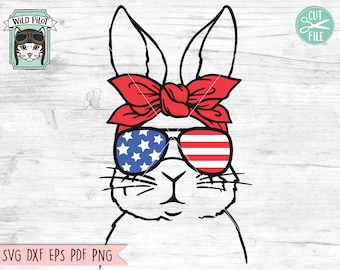 July 4th Bunny SVG,  Fourth of July Bunny svg file, Rabbit Glasses svg, Rabbit cut file, Bunny Bandana svg, July 4th Animal svg, America USA