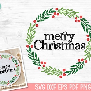 Signo de Feliz Navidad SVG, Corona de Feliz Navidad SVG, Decoración de Navidad SVG, Hojas de Laurel svg, Signo Redondo svg, Letras de mano svg, Navidad svg