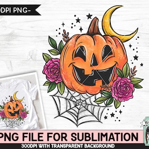 May include: A digital illustration of a smiling jack-o'-lantern with a crescent moon, spiderweb, and pink flowers. The jack-o'-lantern is orange with a black outline and a black smile. The background is white.
