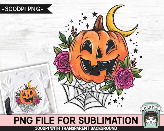 Halloween SUBLIMATION PNG, Flower Jack o Lantern png file, Flower Pumpkin sublimation, Halloween png file, Floral Jack o Lantern, moon, web
