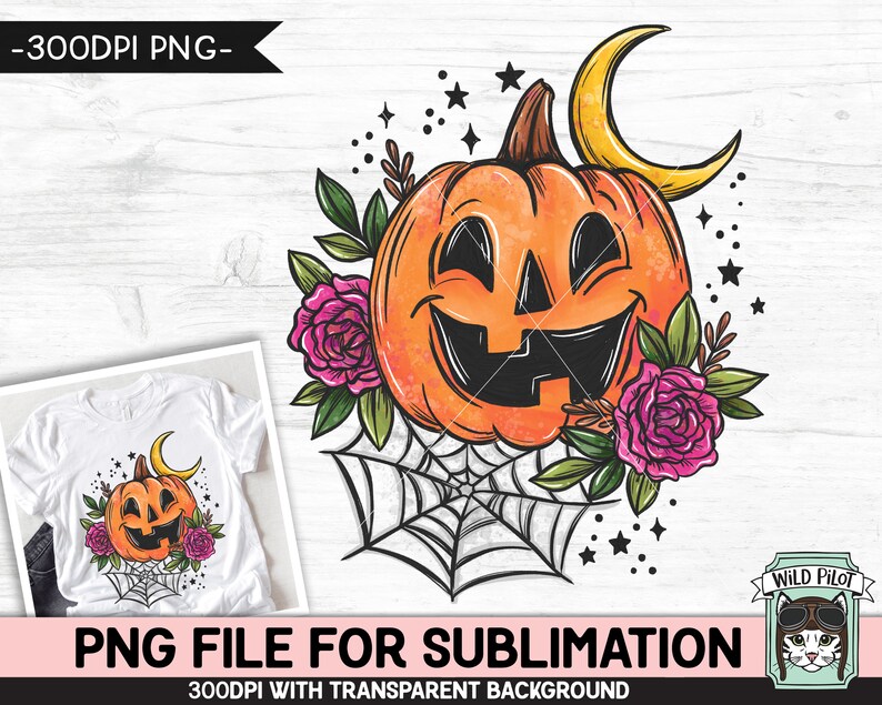 May include: A digital illustration of a smiling jack-o'-lantern with a crescent moon, spiderweb, and pink flowers. The jack-o'-lantern is orange with a black outline and a black smile. The background is white.