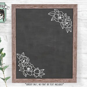 May include: A black chalkboard with a white border and two floral designs in the corners. The text "BORDER ONLY, NO FONT OR TEXT INCLUDED*" is at the bottom of the chalkboard.