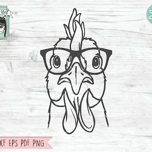 May include: A black and white line drawing of a rooster wearing glasses. The rooster is looking to the right. The image is on a woodgrain background.