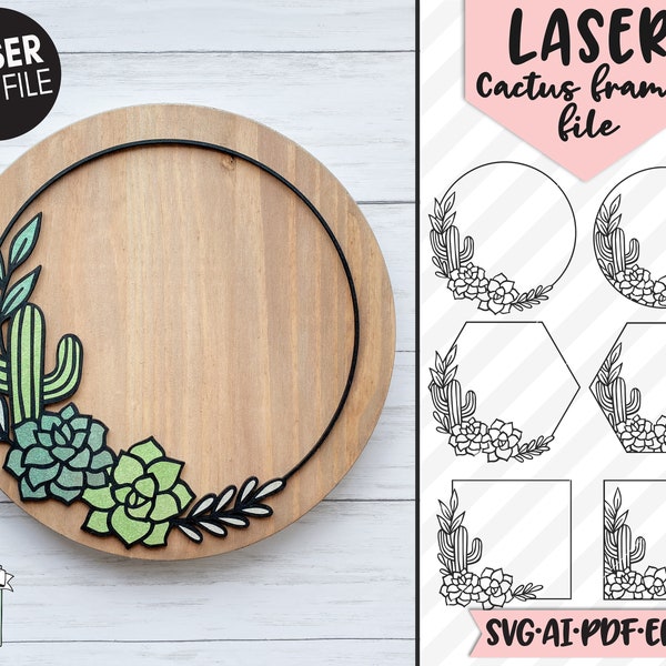 Cactus Laser Cut file SVG, Cactus Frame Laser File, Round Cactus Sign Laser Cut file svg, Succulent cut file, Cactus Frame svg file, Border