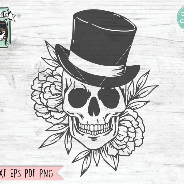 Skull with Top Hat Flowers svg file, Floral Skull with Hat svg, Skull cut file, Tophat Skull svg file, halloween, Steampunk, gothic, witchy