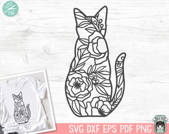 Arquivo SVG de silhueta de gato, arquivo de corte de gato, arquivo SVG de gato floral, arquivo SVG de flores de gato, arquivo SVG de gato silhueta, arquivo SVG de animal floral, arquivo SVG de mulher-gato