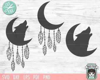 Moon Wolf Dreamcatcher svg file, Wolf Moon svg, Dreamcatcher svg file, Moon Dreamcatcher svg, Dreamcatcher cut file, Feathers, Boho
