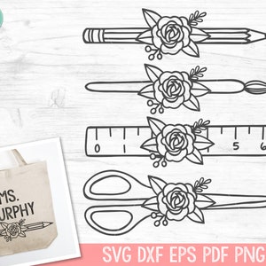 Teacher SVG, Back to School SVG, Teacher Gift SVG, Teacher Shirt svg, Teacher Life svg, School Supplies svg, Floral Pencil, Flower Scissors