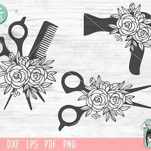Puede incluir: Un conjunto de tres archivos de corte SVG en blanco y negro que presentan un par de tijeras, un peine para el cabello y un secador de pelo, cada uno con un diseño floral.
