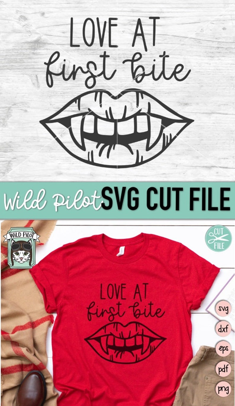 Może przedstawiać: Czerwony T-shirt z tekstem "LOVE AT first bite" i czarno-białą ilustracją ust wampira z kłami. Tekst "svg, dxf, eps, pdf, png" jest wymieniony po prawej stronie obrazu.
