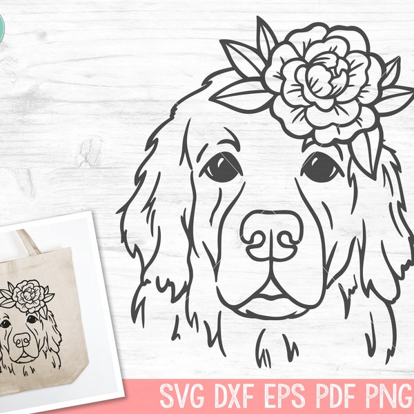 Dog SVG file, Floral Dog SVG, Dog with Flowers svg cut file, Floral Golden Retriever svg, Animal Face Floral Crown, Dog Shirt svg file