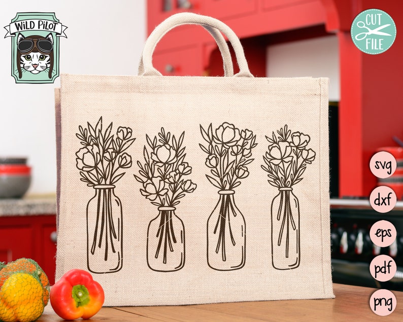 May include: A burlap tote bag with a design of four bouquets of flowers in glass vases. The flowers are in a simple line drawing style.