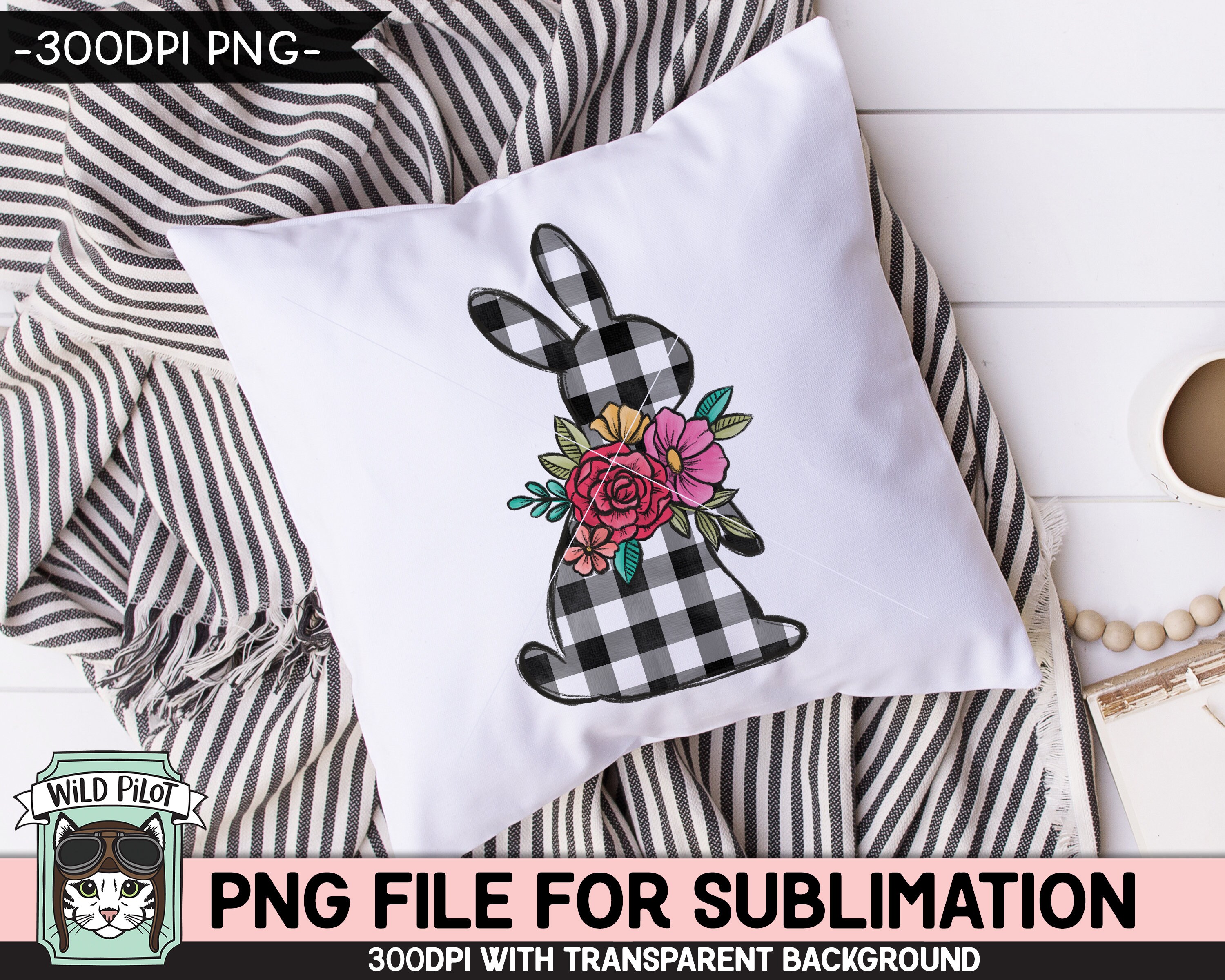 Easter SUBLIMATION Design PNG, Black White Buffalo Plaid Bunny Png File ...
