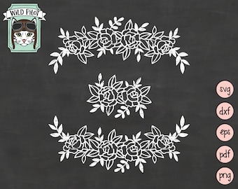 May include: Three white floral wreaths with a chalkboard background. The wreaths are made of roses and leaves. The text "WILD PILOT" is in a circle at the top of the image.