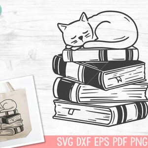 Cat SVG, Book SVG, Reading SVG, Cat Clipart, Kitty svg, Animal svg, Book Lover svg, Librarian svg, Reading png, Stack of Books svg