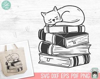 Könnte beinhalten: Eine Schwarzweißillustration einer Katze, die auf einem Stapel Bücher schläft. Die Katze liegt auf dem obersten Buch zusammengerollt, mit dem Kopf auf den Pfoten. Die Bücher sind zu einem Stapel gestapelt, wobei das oberste Buch das größte ist. Die Bücher sind alle geschlossen und haben ein schlichtes Design.