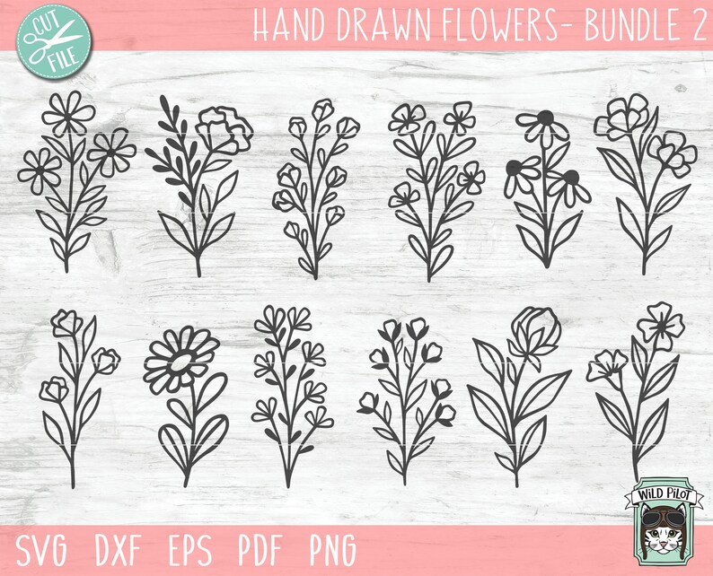 May include: A set of 12 hand-drawn flower illustrations in black and white. The flowers are simple and stylized, with a variety of shapes and sizes. The illustrations are perfect for use in crafting, scrapbooking, or digital design.