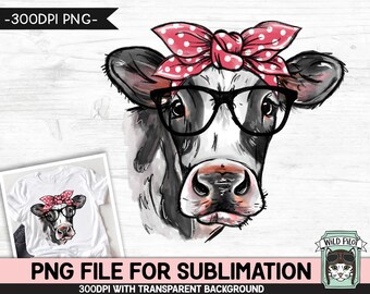 Cow SUBLIMATION PNG, Cow Glasses Bandana png file, Polka Dot Bandana Cow png, Watercolor Cow png file, Cow Face Sub png, Glasses Cow Face