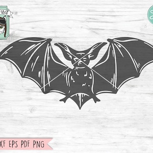 May include: A black and white silhouette of a bat with its wings spread out. The bat is facing forward with its head tilted slightly to the side. The bat is a common symbol of Halloween.