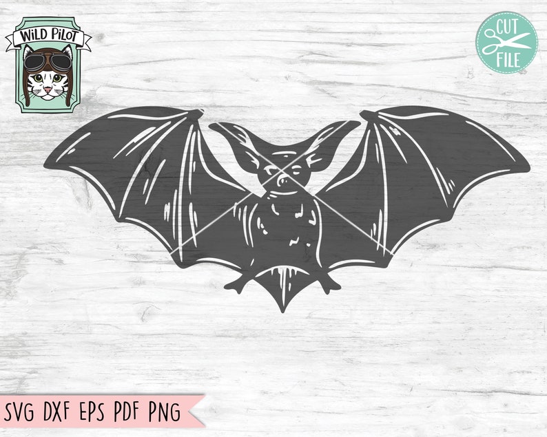 May include: A black and white silhouette of a bat with its wings spread out. The bat is facing forward with its head tilted slightly to the side. The bat is a common symbol of Halloween.