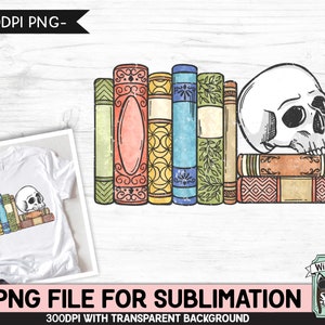 May include: A stack of vintage books with a white skull resting on top. The books have colorful covers with intricate designs. The skull has a detailed design with a prominent nose and eye sockets.