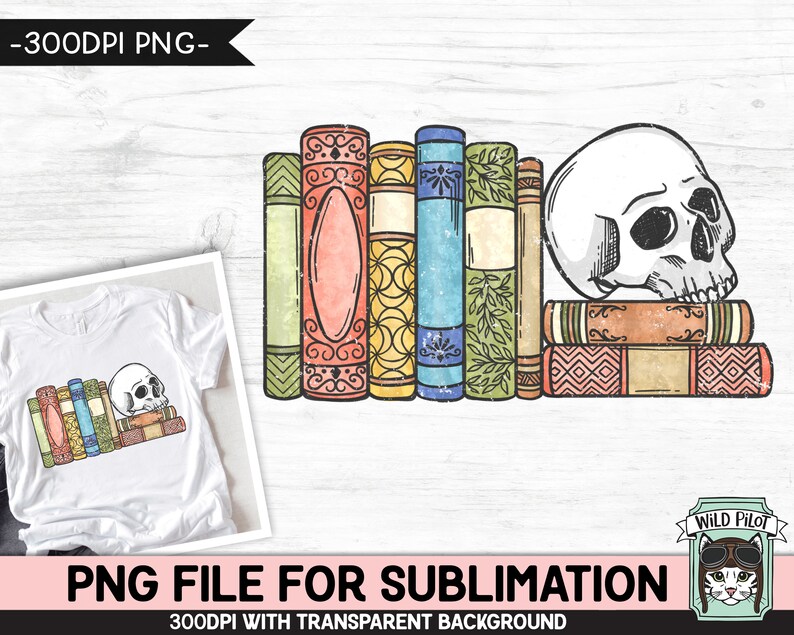 May include: A stack of vintage books with a white skull resting on top. The books have colorful covers with intricate designs. The skull has a detailed design with a prominent nose and eye sockets.